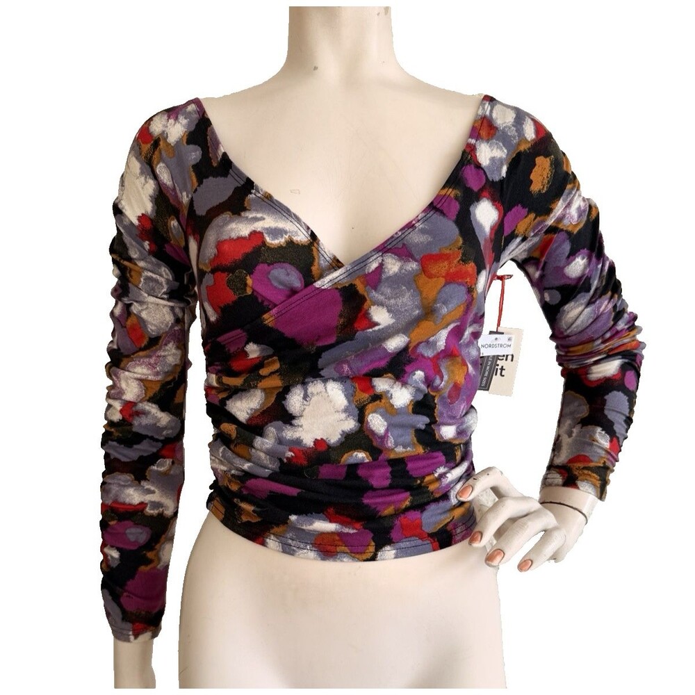 OPEN EDIT Top NWT Black Floral Surplice Faux Wrap Ruched Long Sleeve Size S